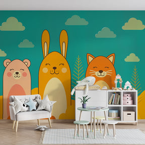 Cheerful animal mural wallpaper transforming kids playroom with warm yellow and orange tones
