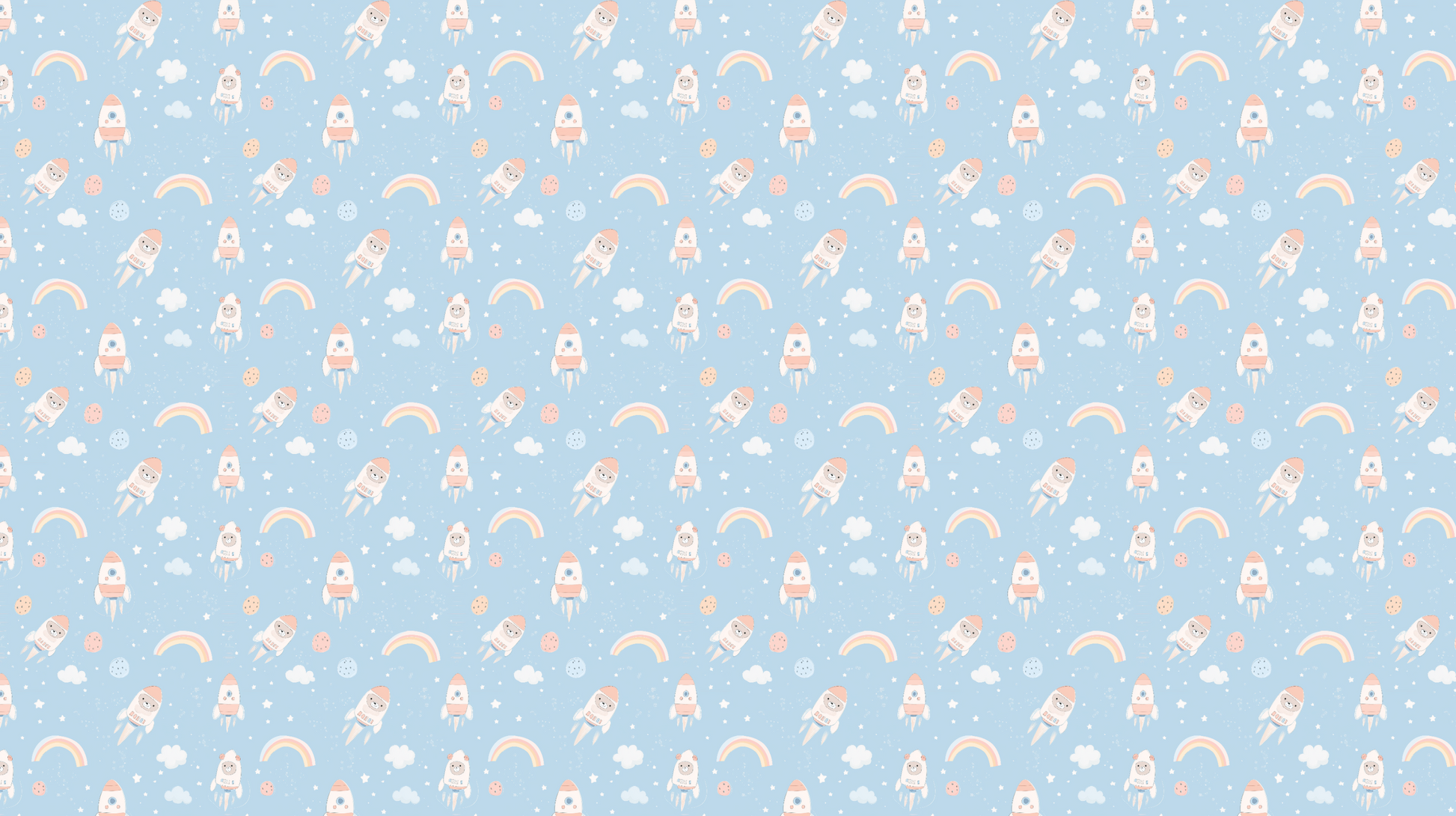 Flat artwork of the Kids-Mundo cute astronauts and rainbows repeating pattern on soft blue