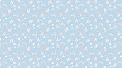 Flat artwork of the Kids-Mundo cute astronauts and rainbows repeating pattern on soft blue