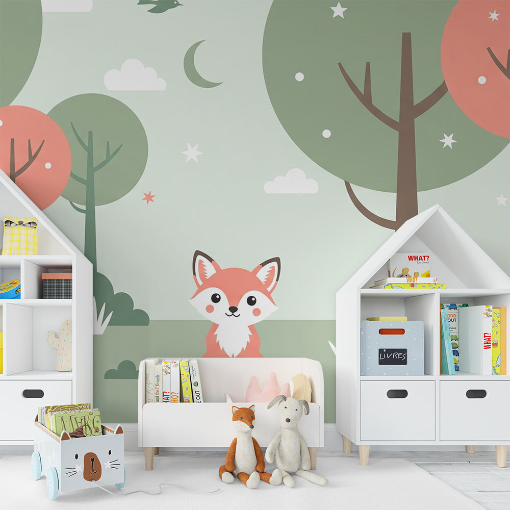Kids-Mundo fox and starlit forest mural on a feature wall in a child's bedroom