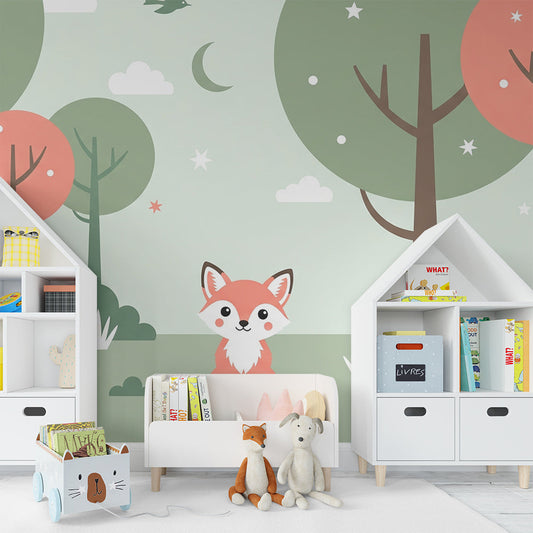 Kids-Mundo fox and starlit forest mural on a feature wall in a child's bedroom