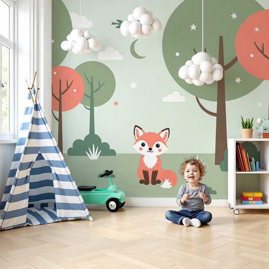 Kids-Mundo cartoon fox forest wall mural in a bright, playful nursery setting