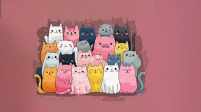 Detailed cute cats mural wallpaper design pattern showing colorful felines on soft pink background by Kids-Mundo