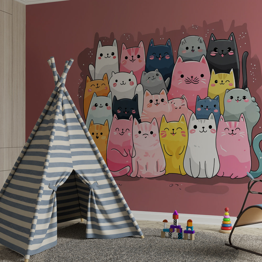 Colorful cat wallpaper transforming children's bedroom with adorable feline illustrations on pink background