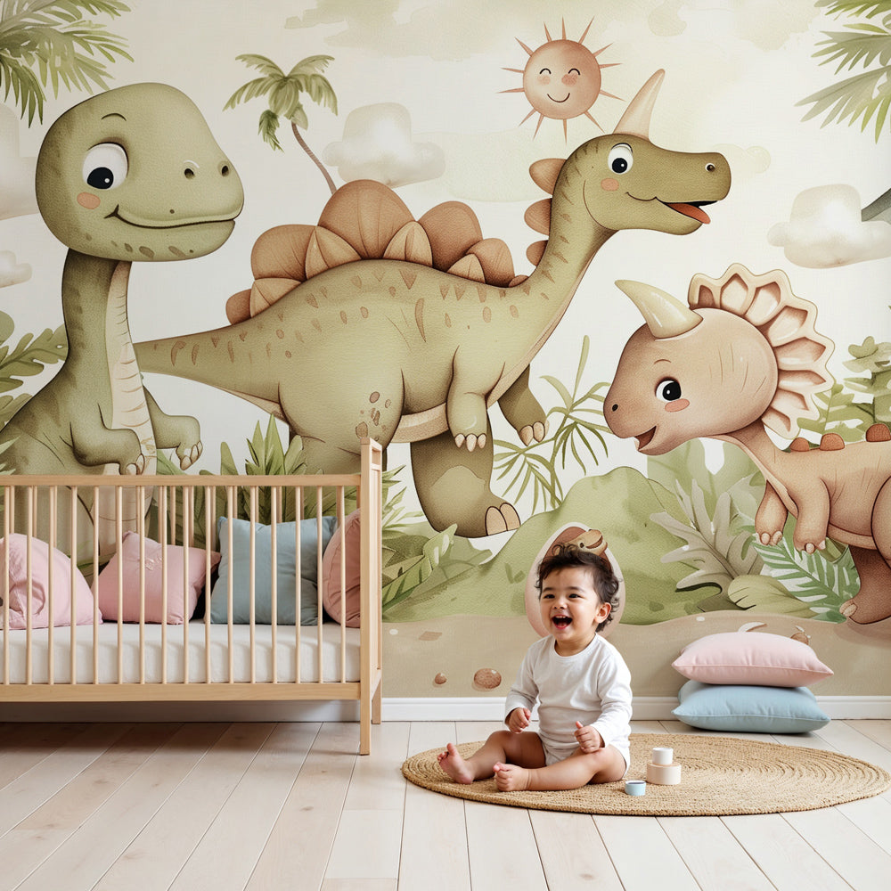 Kids-Mundo cute dinosaur jungle wall mural styled in a soft, playful nursery