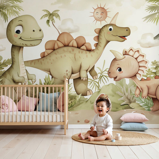 Kids-Mundo cute dinosaur jungle wall mural styled in a soft, playful nursery