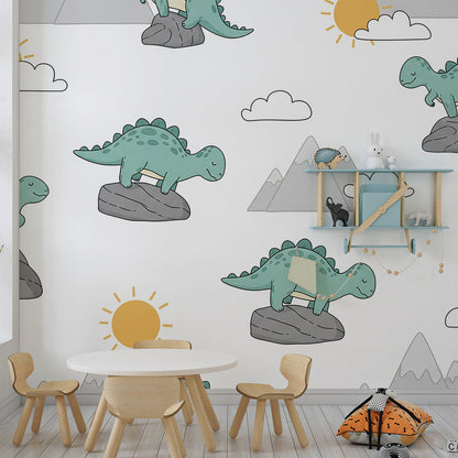 Kids-Mundo sunny dinosaur wall mural covering a kids' bedroom wall behind a single bed.