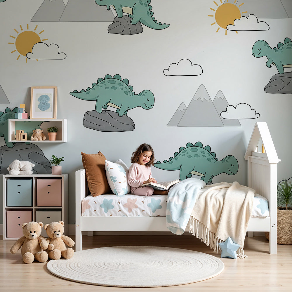 Kids-Mundo sunny dinosaur wall mural in a bright nursery with grey cot and soft daylight.
