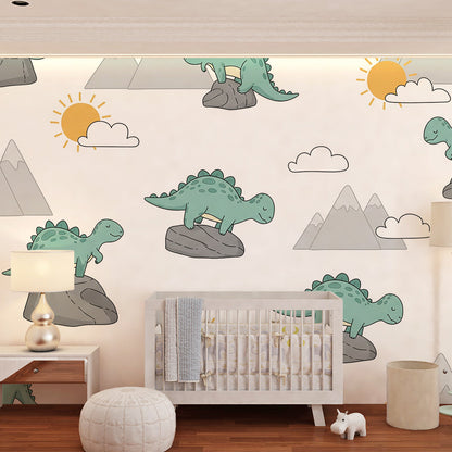 Kids-Mundo sunny dinosaur wall mural setting a cheerful scene in a playroom with toy baskets.
