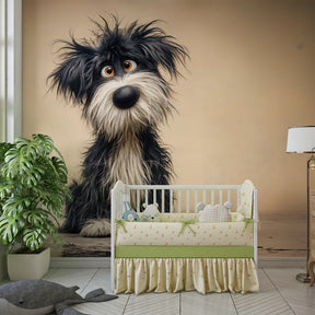 Adorable dog mural wallpaper transforming playroom into warm welcoming space