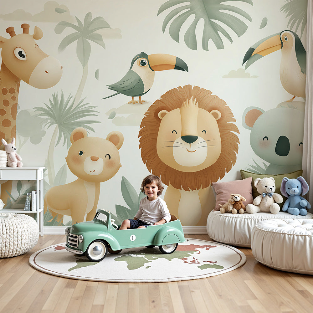 Kids-Mundo cute jungle friends wall mural styled in a soft cream nursery