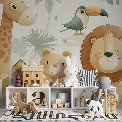 Kids-Mundo cute jungle friends wall mural brightening a children's playroom