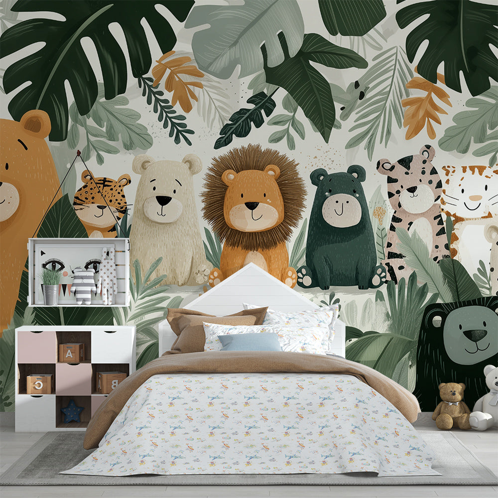 Kids-Mundo jungle animal gang wall mural covering a feature wall in a child's bedroom.