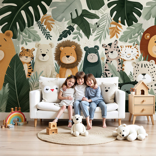 Kids-Mundo cute jungle animal gang wall mural in a warm neutral nursery with a cot.