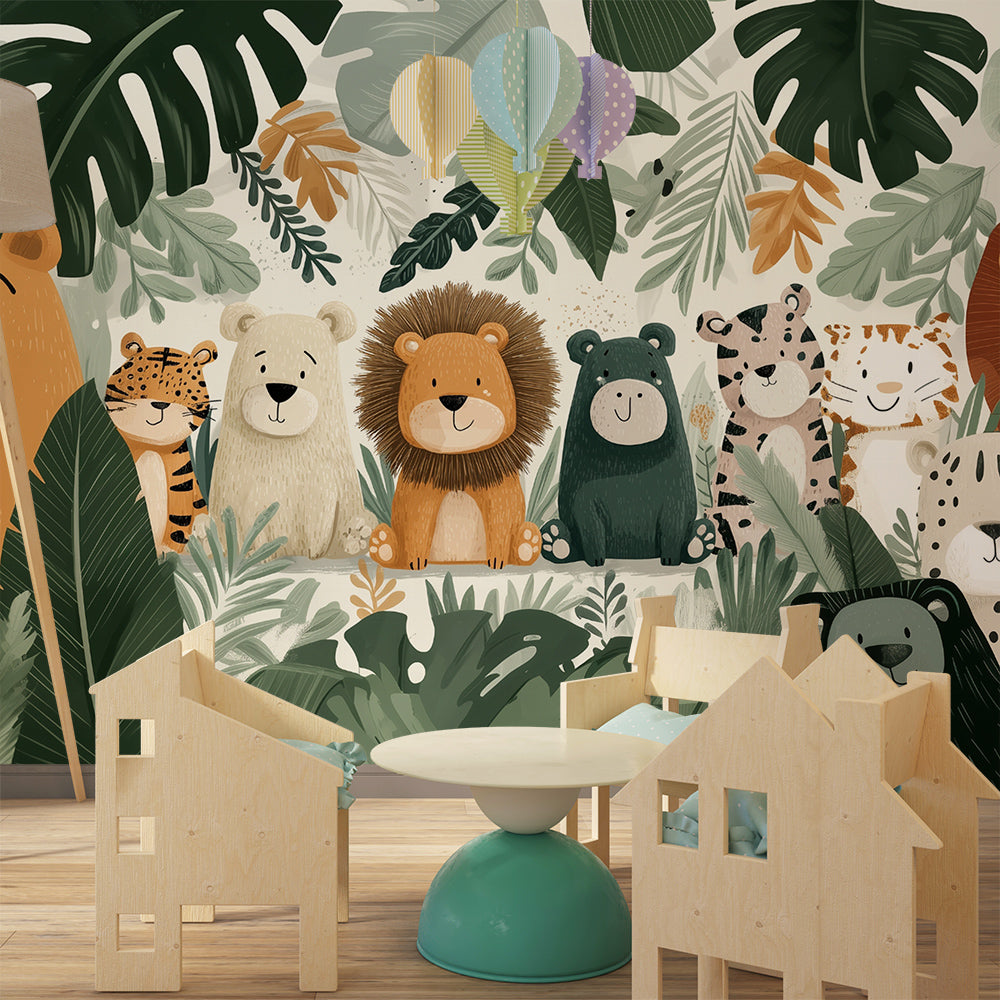 Kids-Mundo cartoon jungle animal mural bringing colour to a lively playroom wall.