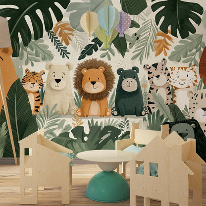 Kids-Mundo cartoon jungle animal mural bringing colour to a lively playroom wall.