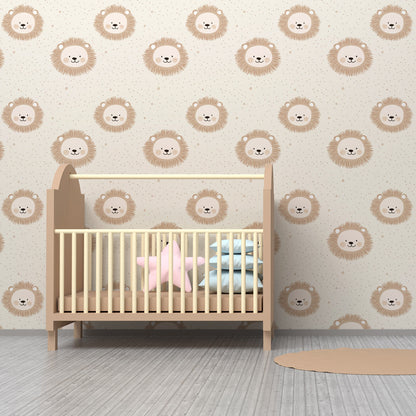Kids-Mundo lion pattern wall mural in a toddler bedroom with smiling lion faces.
