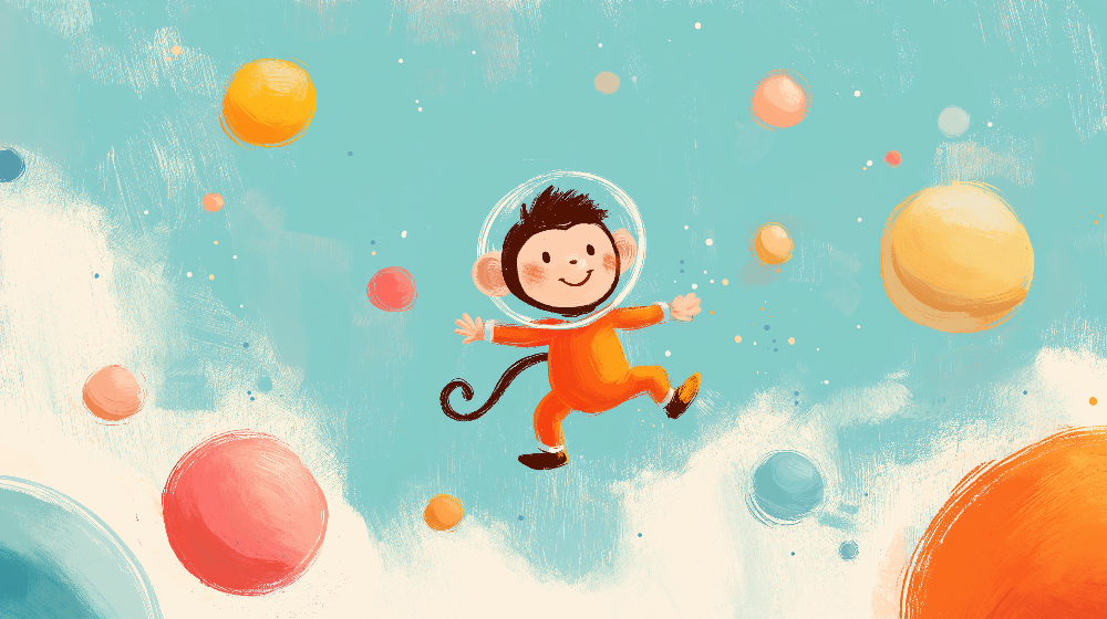 Kids-Mundo flat artwork preview of a monkey astronaut floating among colourful planets.
