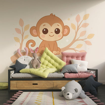 Kids-Mundo cute baby monkey on a branch mural styled in a child's bedroom