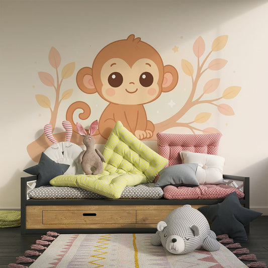 Kids-Mundo cute baby monkey on a branch mural styled in a child's bedroom
