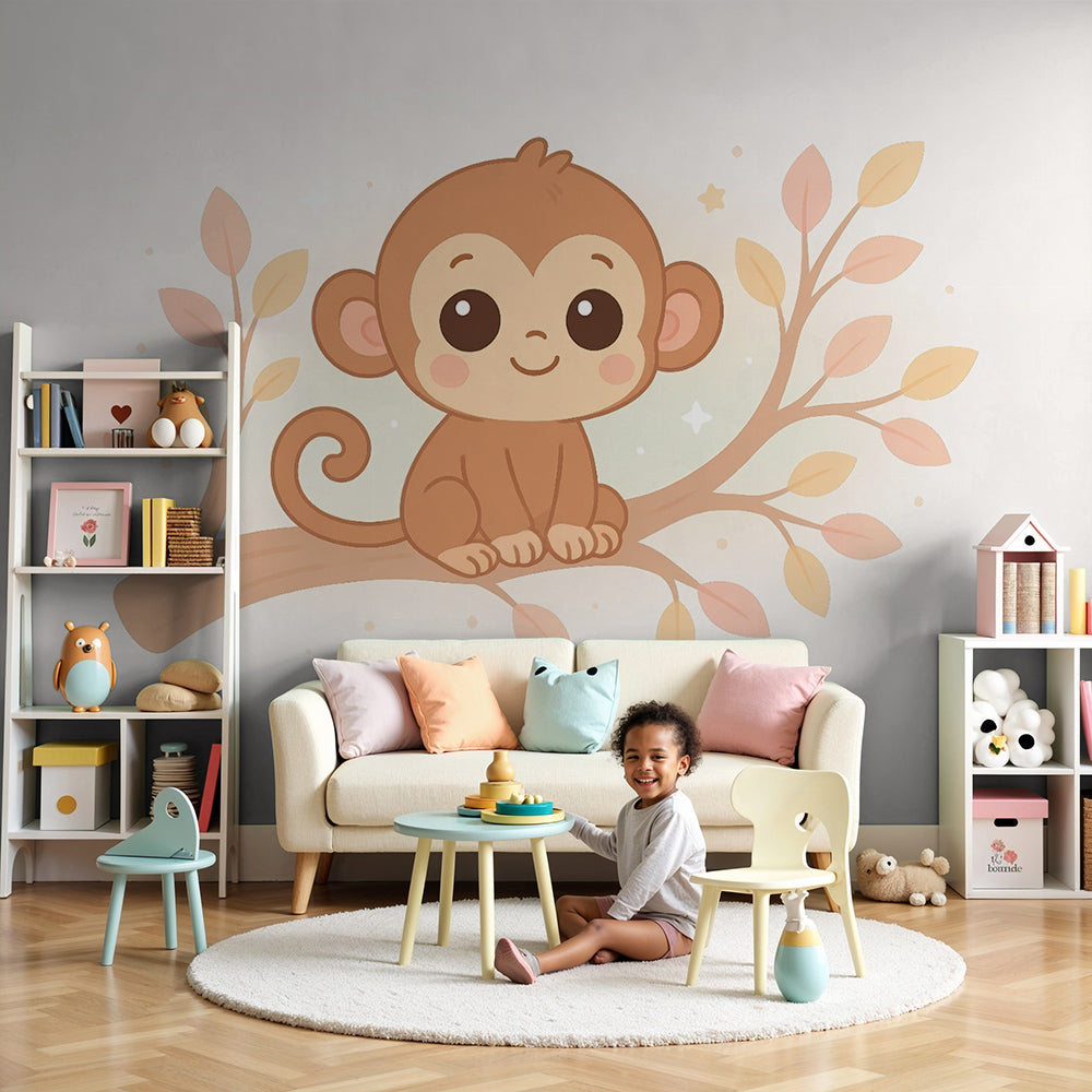 Kids-Mundo cute baby monkey wall mural made to measure for a soft nursery scheme