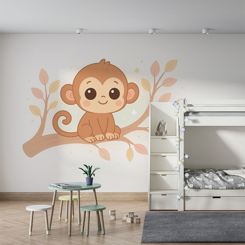 Kids-Mundo sweet baby monkey branch wall mural brightening a kids' playroom