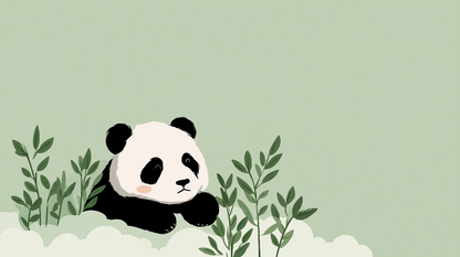 Kids-Mundo flat artwork of a cute, rosy-cheeked panda peeking through soft green leaves