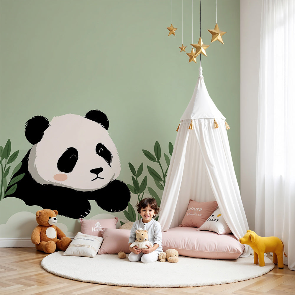 Kids-Mundo cute panda wall mural styled above a cot in a soft sage green baby nursery