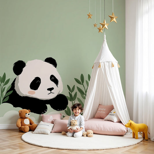 Kids-Mundo cute panda wall mural styled above a cot in a soft sage green baby nursery