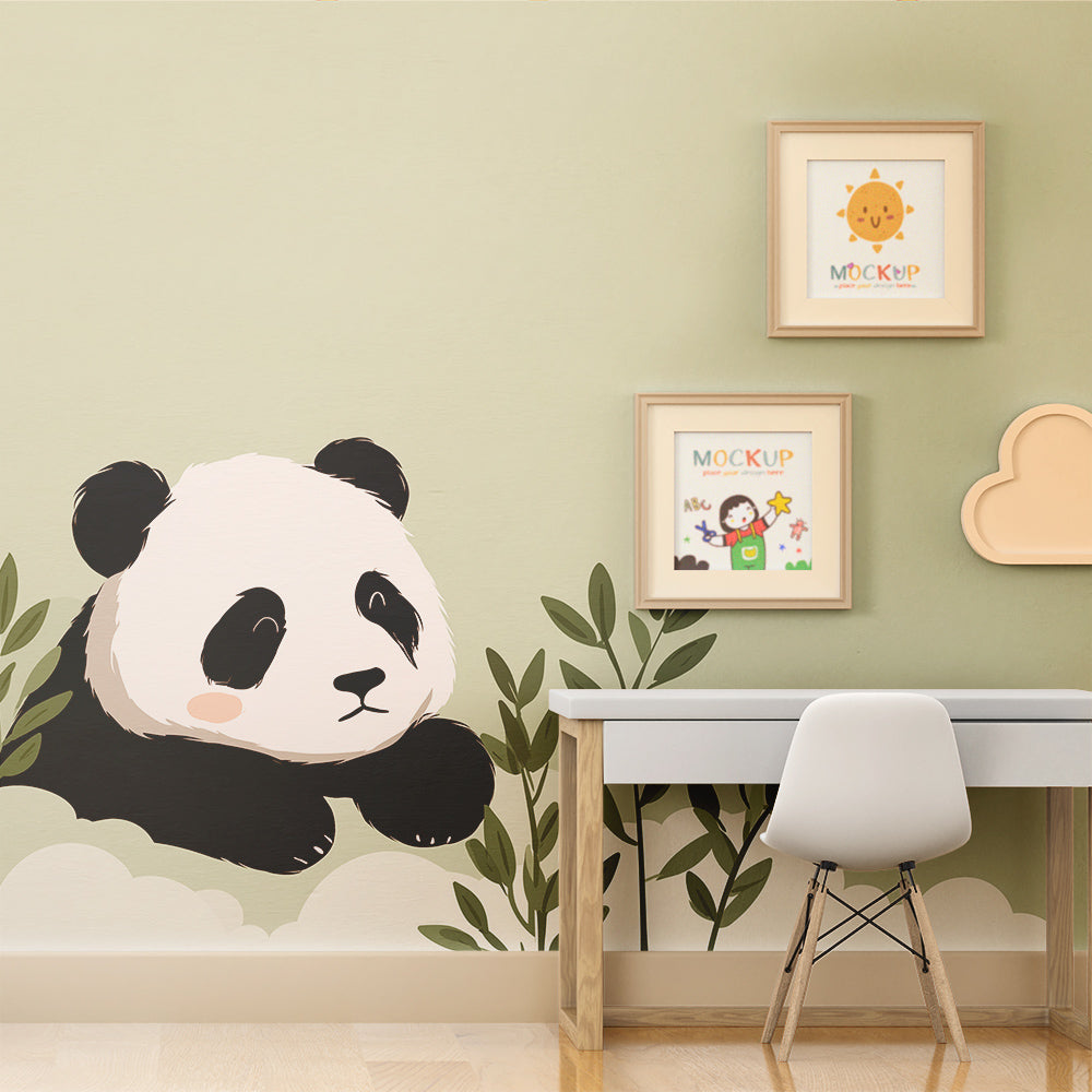 Kids-Mundo cute panda peeking through leaves mural covering a soft green playroom wall