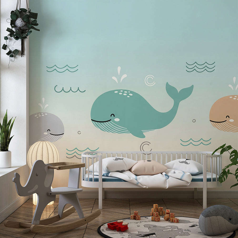 Kids-Mundo cute whales mural installed in a children's bedroom, made-to-measure nursery wallpaper.