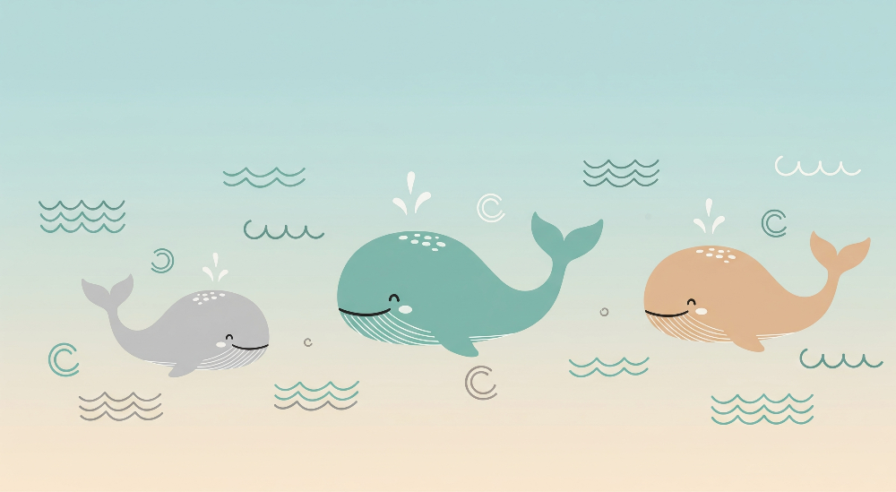 Three Cute Whales in Pastel Waves Wall Mural