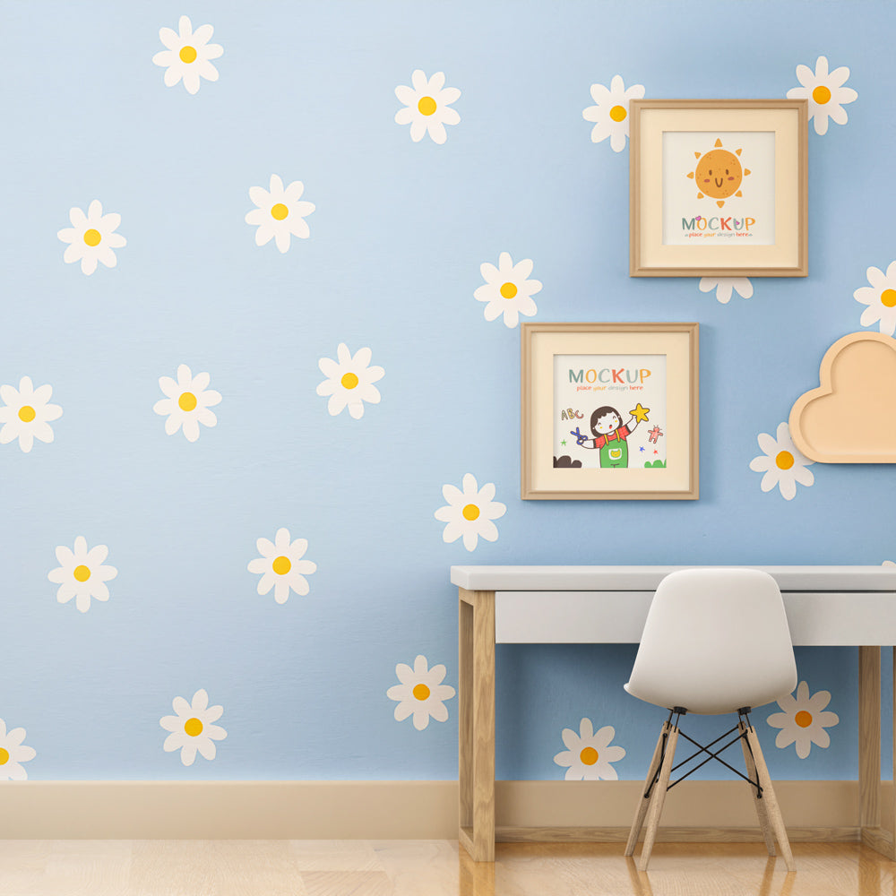 Blue sky daisy mural wallpaper in modern children's bedroom by Kids-Mundo