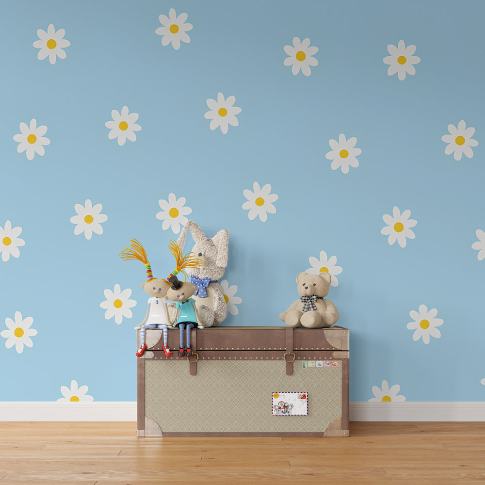 White flower mural wallpaper brightening kids playroom with nature theme