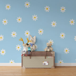 White flower mural wallpaper brightening kids playroom with nature theme