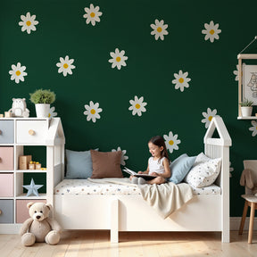White daisy flower mural wallpaper creating serene nursery decor with green botanical background by Kids-Mundo