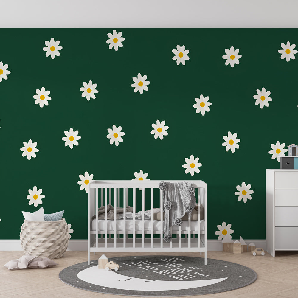 Nature-inspired daisy wallpaper transforming bright kids playroom with botanical garden theme by Kids-Mundo