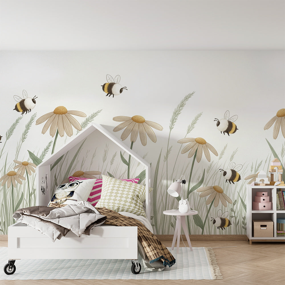 Kids-Mundo daisy and bumblebee wall mural covering a feature wall in a kids bedroom.