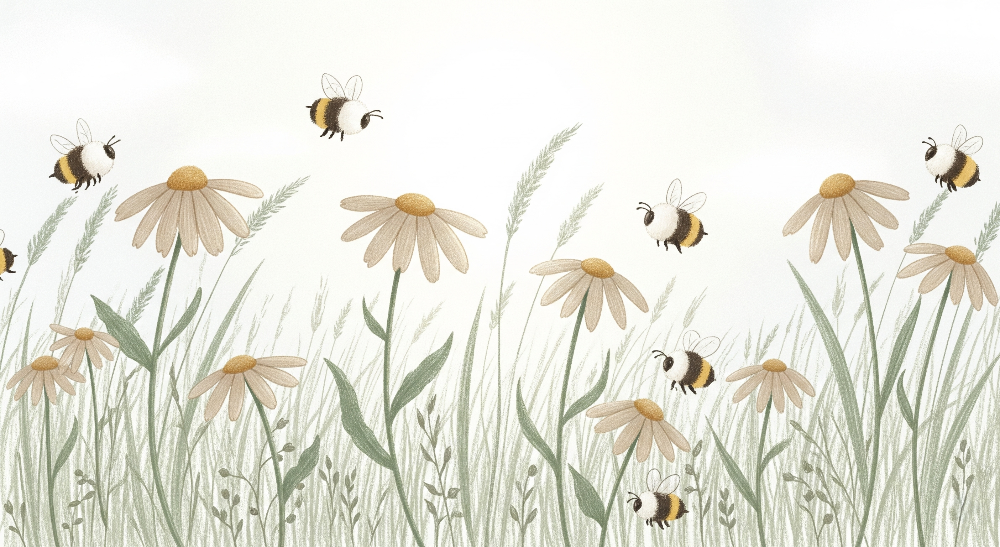 Daisy Meadow with Bumblebees Wall Mural