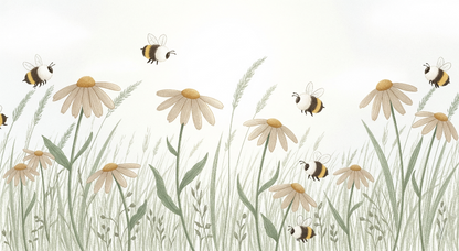 Kids-Mundo flat artwork of cream daisies and bumblebees in a soft sunny meadow.