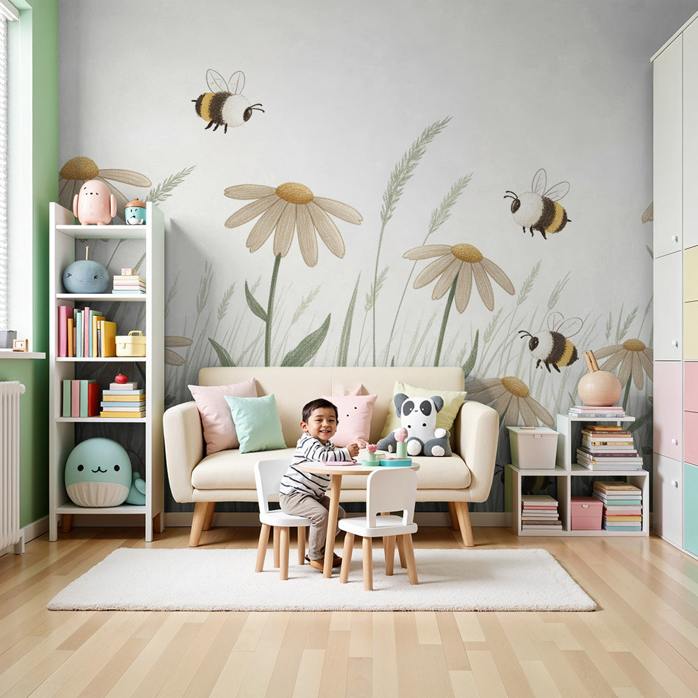 Kids-Mundo daisy meadow wall mural with bumblebees styled behind a cot in a sunny nursery.