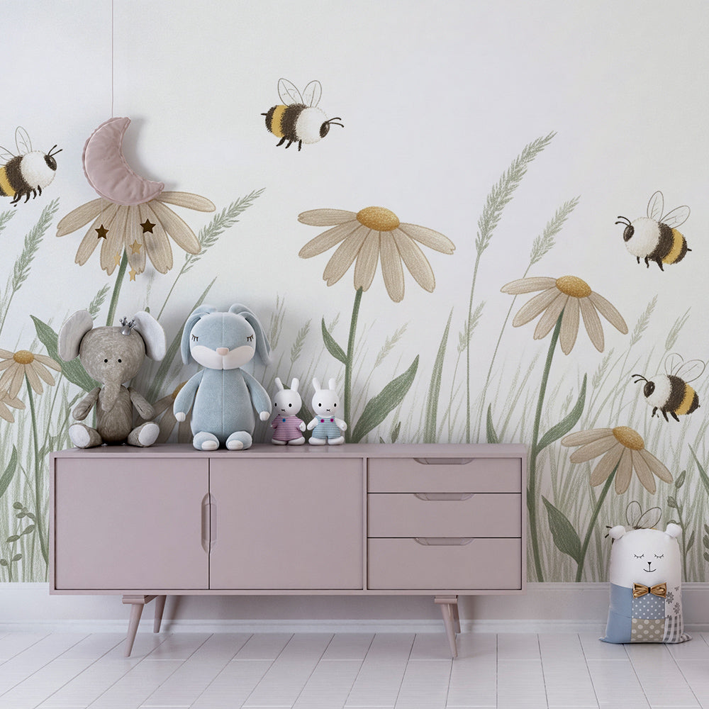 Kids-Mundo daisy meadow wall mural bringing warm colour to a cheerful playroom.