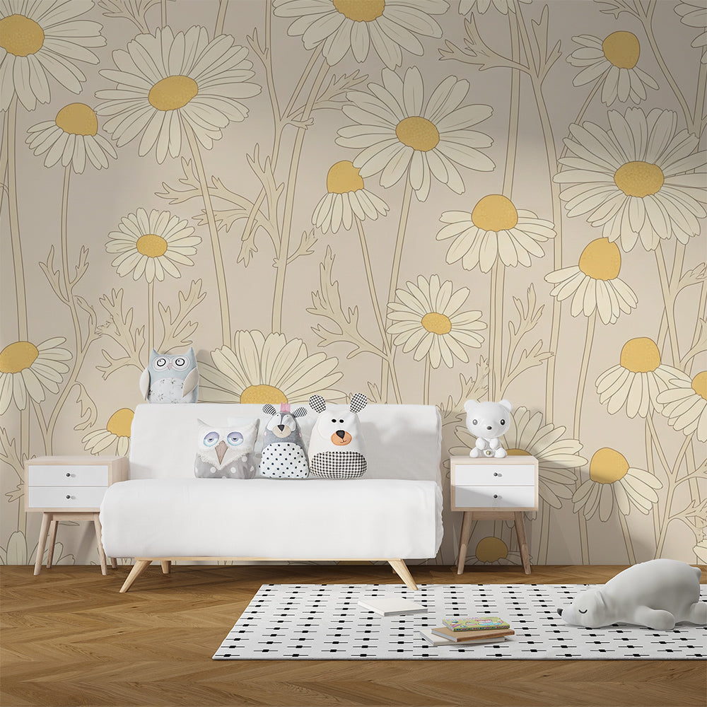 Kids-Mundo cream daisy wall mural as a feature wall in a young girl's bedroom