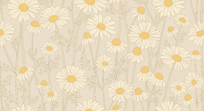 Kids-Mundo daisy meadow pattern with golden centres on a warm beige background