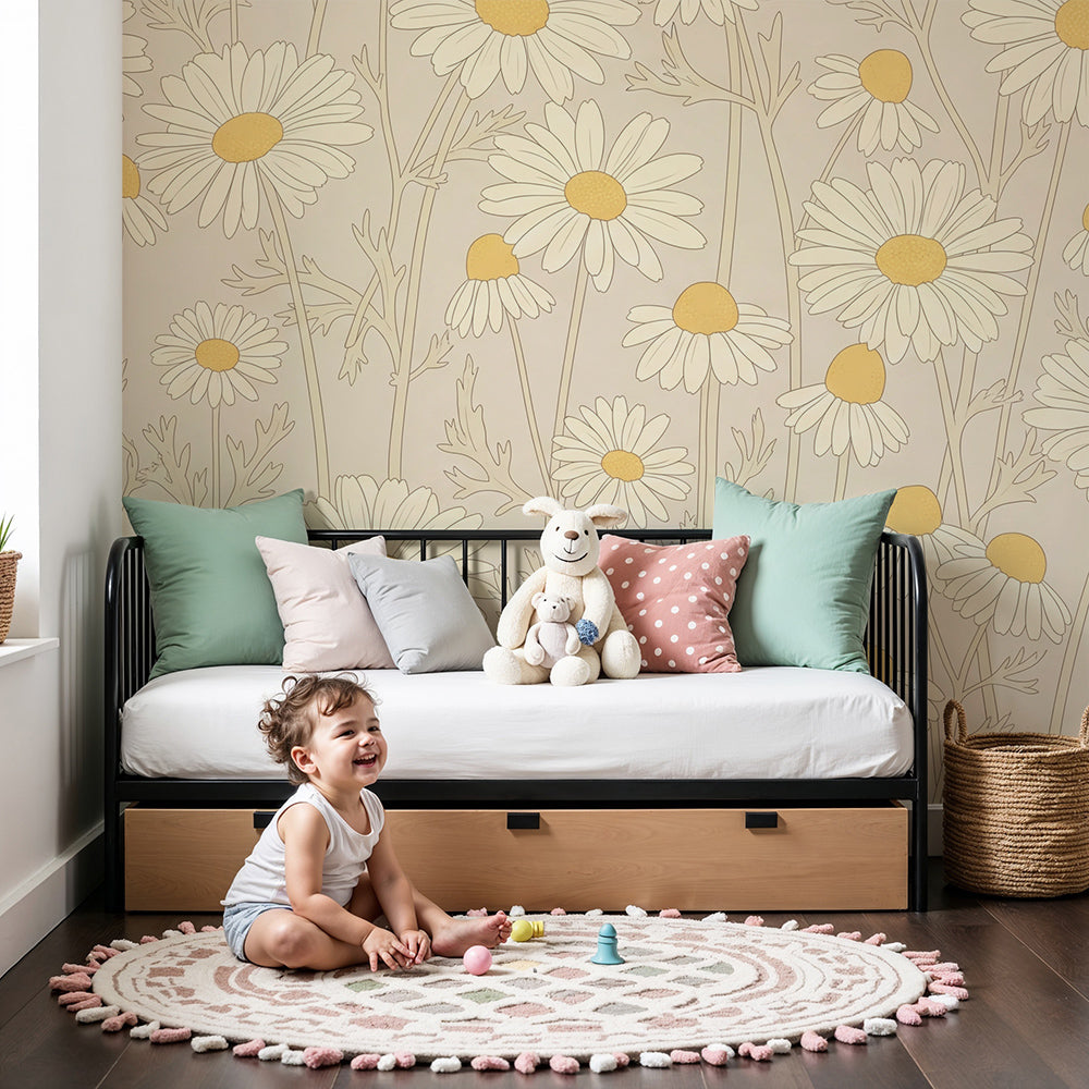 Kids-Mundo daisy meadow wall mural with golden-centred blooms in a soft nursery