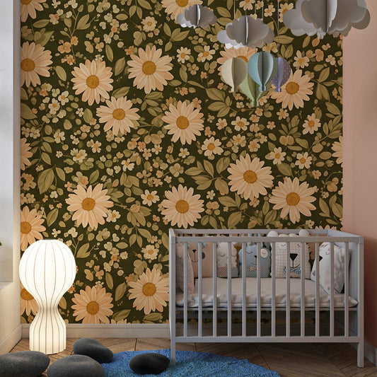 Kids-Mundo daisy wall mural behind a bed in a warm, botanical kids bedroom setting