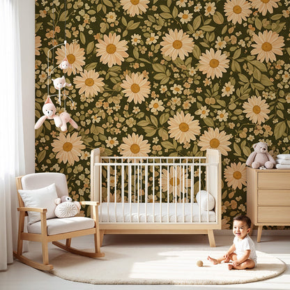 Kids-Mundo daisy wall mural in a cosy nursery with a cot and deep olive green floral backdrop