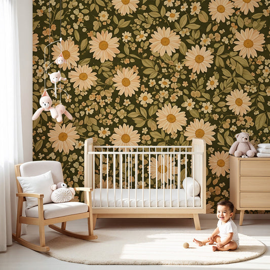 Kids-Mundo daisy wall mural in a cosy nursery with a cot and deep olive green floral backdrop