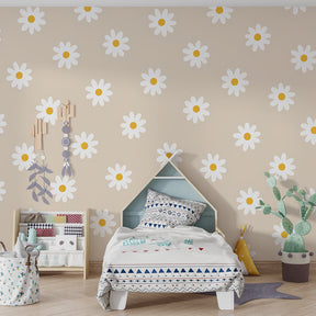 Floral mural wallpaper with daisies transforming children's bedroom into garden sanctuary