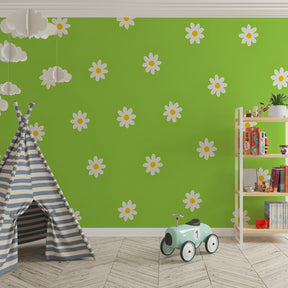White daisy floral mural wallpaper in modern children's bedroom with wooden furniture by Kids-Mundo